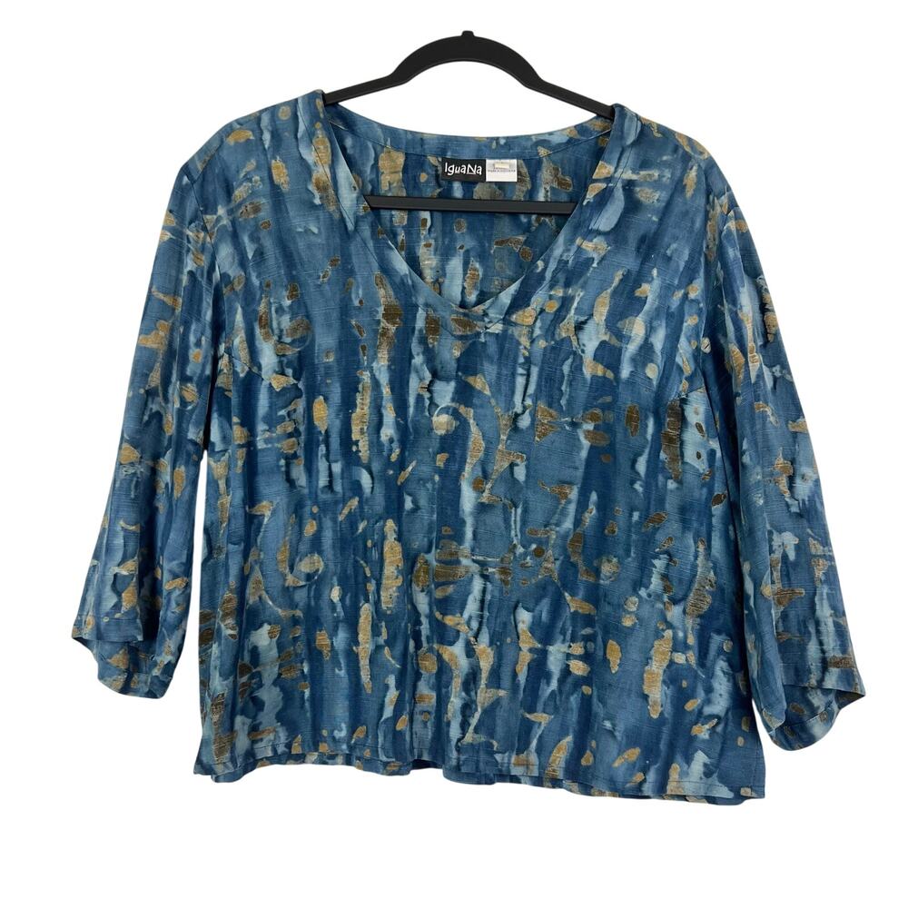 IGUANA Linen Blend 3/4 Sleeve Art to Wear Abstract Blue Boho Top L